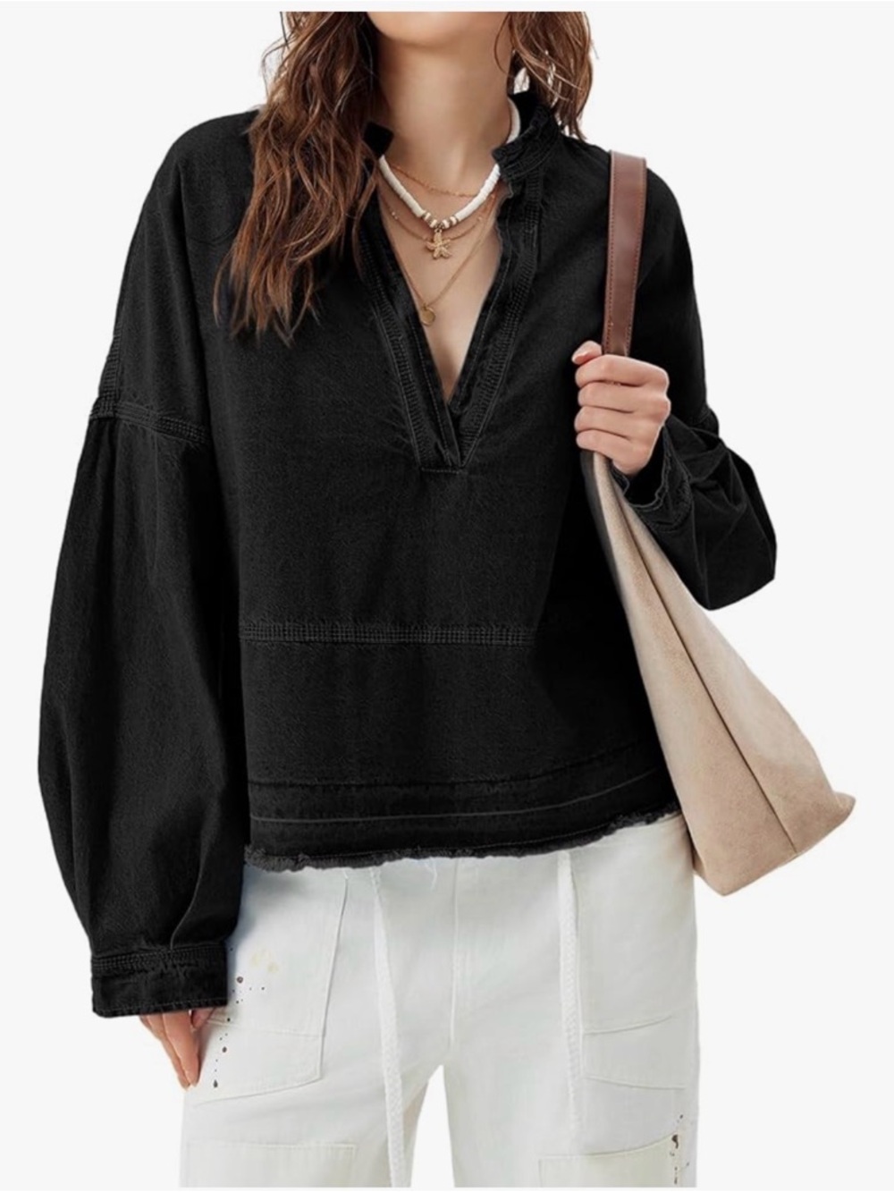 Amazon denim pullover v-neck cotton shirt